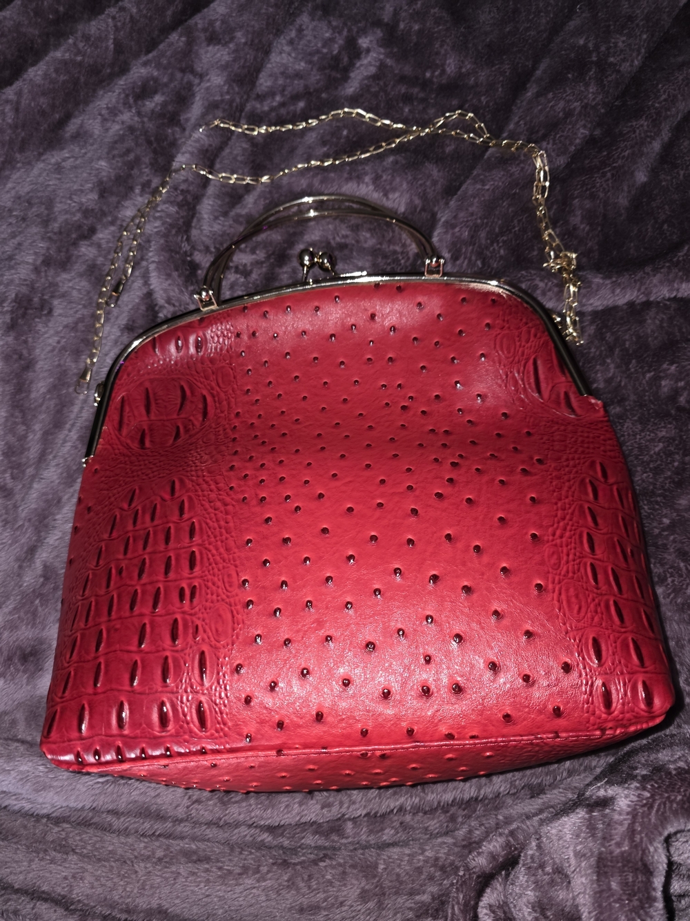 Red Ostrich Textured Frame-Top Women’s Handbag With Crossbody Strap - NWOT